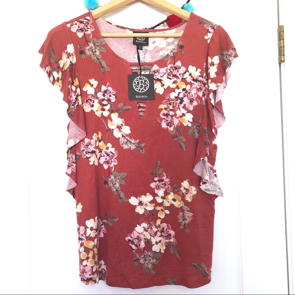 Bobeau Terra Cotta Ruffle Sleeve Ladder Neck Top